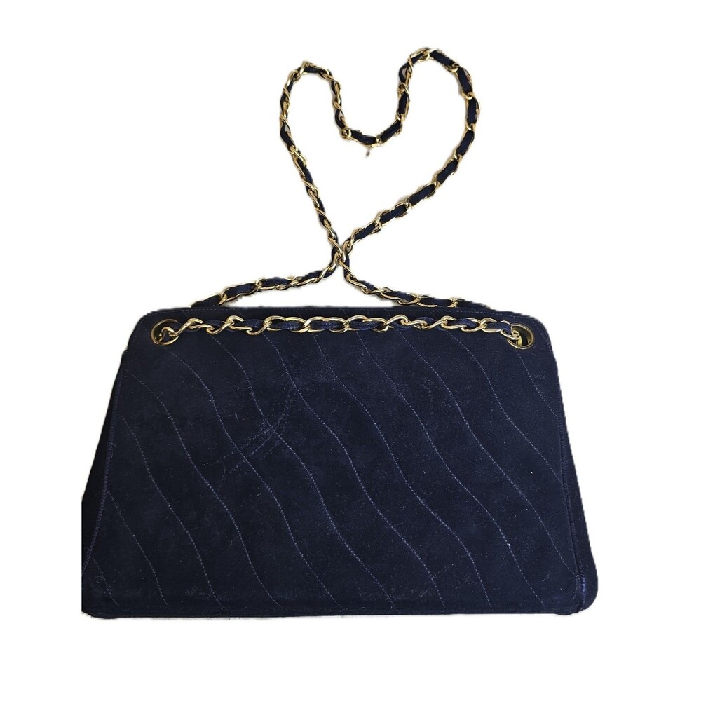 Vintage Mayer New York Navy Blue Suede Handbag Gold Chain Strap Frame Purse